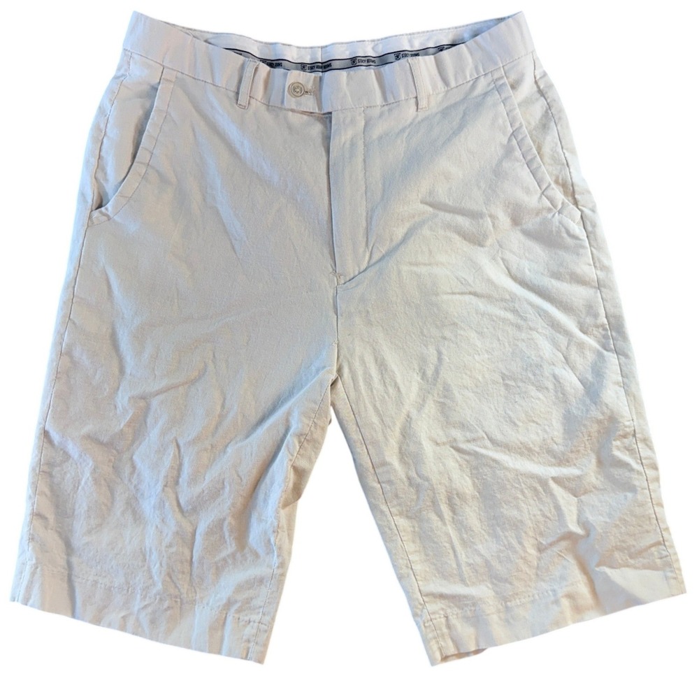 Stacy Adams Mens Linen Cotton Blend Shorts‎ Beige Off White Flat Front Size 34W